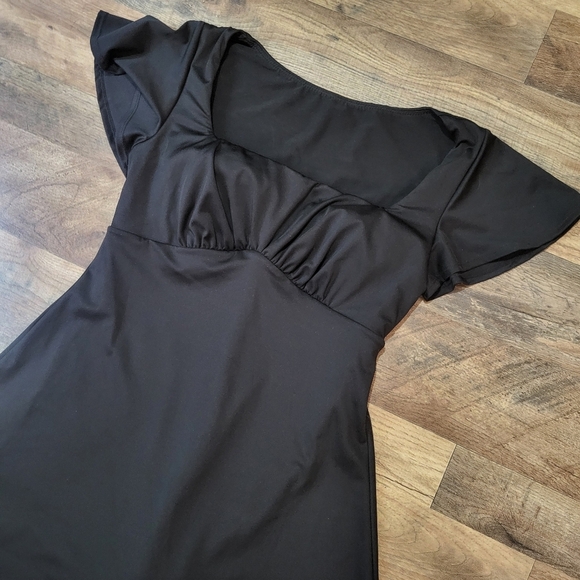 Popilush Black Square Neck Flutter Sleeve Shapewear Tummy Control Midi Dress L - Picture 5 of 9